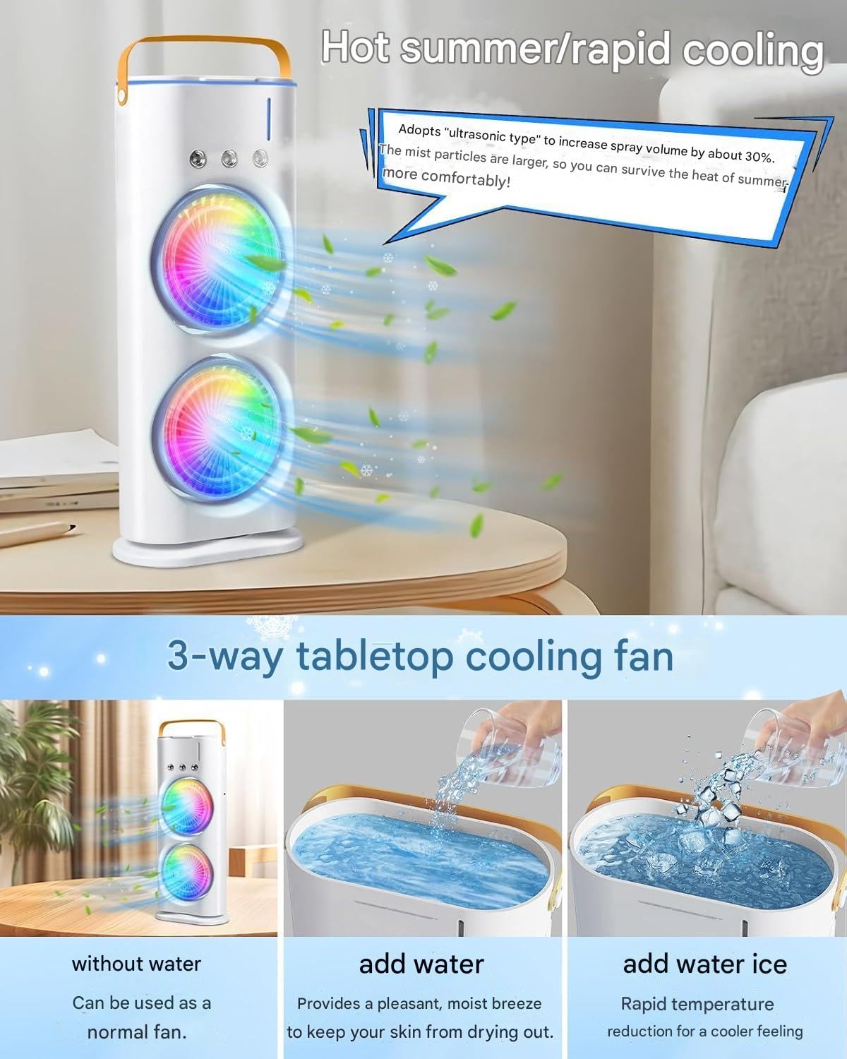 Dynamic mini Evaporate Air Cooler with 7 Colors Led Lights Air mist Spray Cooler Fan